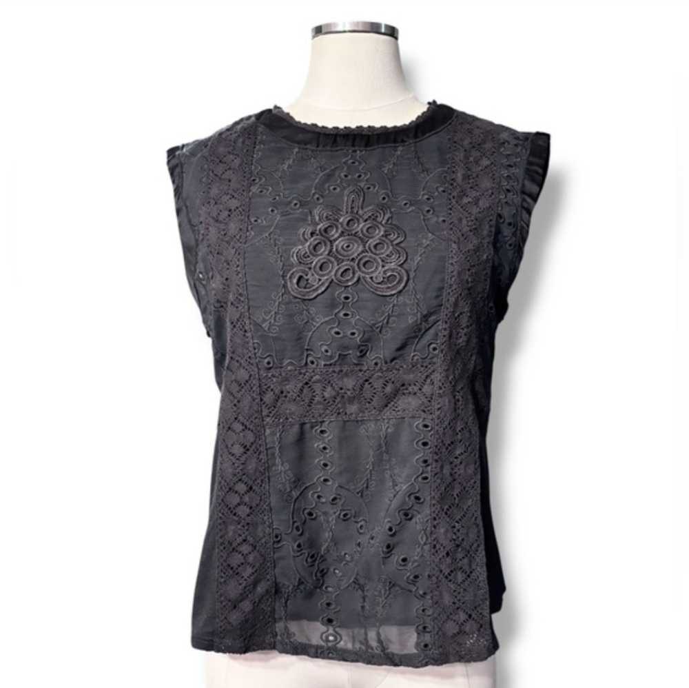 TINY x ANTHROPOLOGIE Dark Grey Eyelet Lace Linen Blend Sleeveless Top Size XS